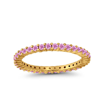 Full Eternity Wedding Band Round Yellow Tone, Simulated Pink CZ Ring 925 Sterling Silver